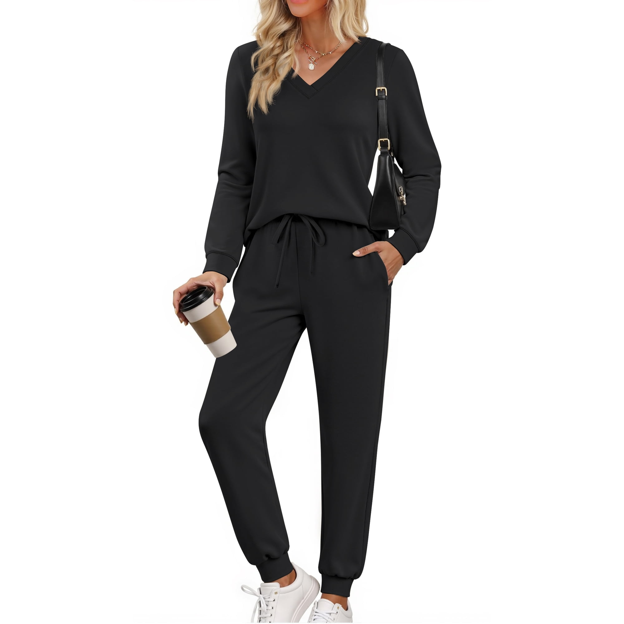 Fantaslook Two Piece Sets for Women Fall Outfits Fashion Lounge Sets V Neck Tops and Jogger Pants Tracksuit Vacation Travel Outfits