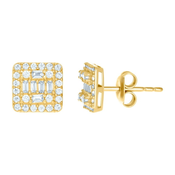 10k Yellow Gold Womens Baguette Round Cubic Zirconia Square Stud Earrings 8x8mm Wide Stud Earring for Women