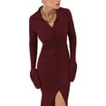 thumbnail image 1 of FASHIONWT Women Long Sleeve Henley Button-down Sheath Midi Ribbed Shirt Dress, 1 of 4