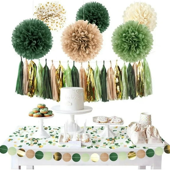 Rustic Spring Theme Party Sage Green Gold Cream White Tissue Paper Pompom Flower Dots Garland Tassel Banner Backdrops Set for Wedding Forest Birthday Bridal Baby Shower Party Home DIY Decorations