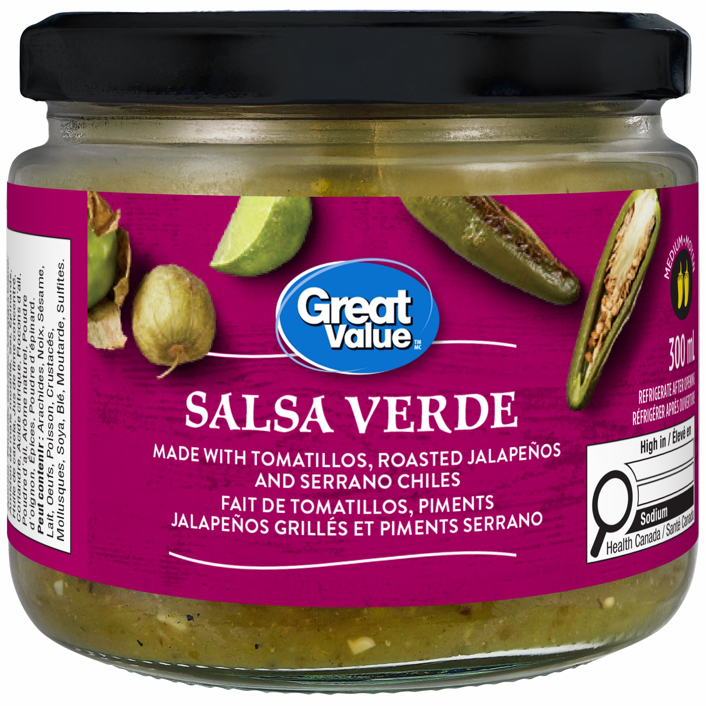 Great Value Salsa Verde - Inspired by Mexico - Made with tomatillos, Roasted jalapeños and serrano chiles, 300 mL