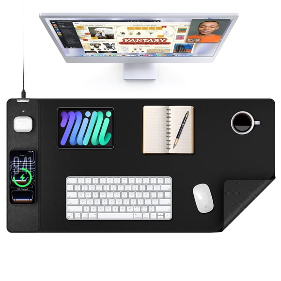 TopMade Tapis de Souris avec Recharge Sans Fil 15 W, Grand Tapis de Bureau en Cuir TTG, Tapis de Souris de Jeu Imperméable Protecteur de Tapis de Bureau à Domicile, Clavier d'Ordinateur