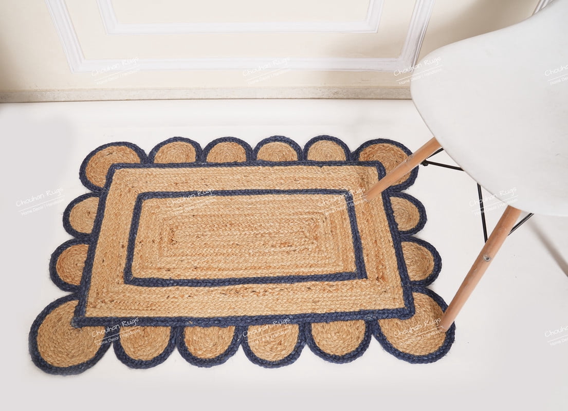Rectangle Rug Natural Jute Rug Hand Braided Beige and Navy Blue Color Area Rug