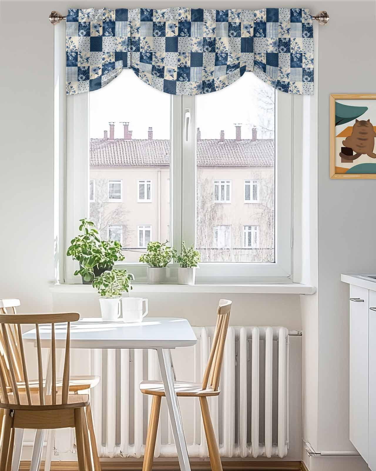 Vintage Patchwork Tie Up Valances Curtain, Blue Flowers Polka Dot Linen Kitchen Valances for Windows Decor, Rod Pocket Short Curtains Set for Bedroom/Bathroom, 60"x18"