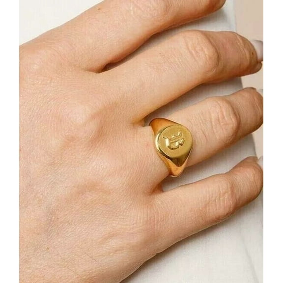 Men's Solid Metal Customized Letter Signet Ring 14K Yellow Gold Plated Silver