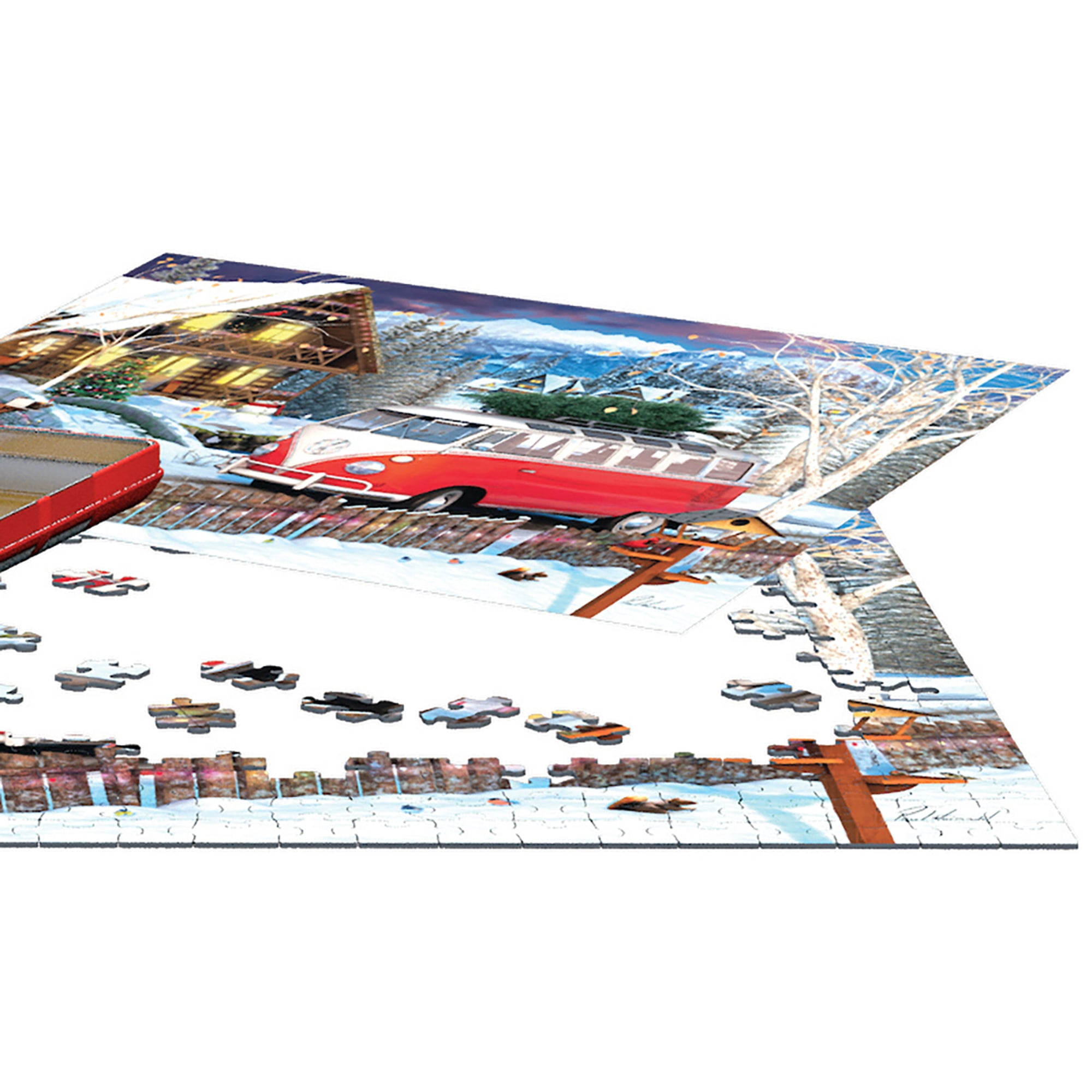 Eurographics: Puzzle Tin: VW Christmas Bus - 550 Piece Jigsaw - Collectible Decorative Van Shaped Tin - 13" x 19" Assembled, Nostalgic Holiday Gift