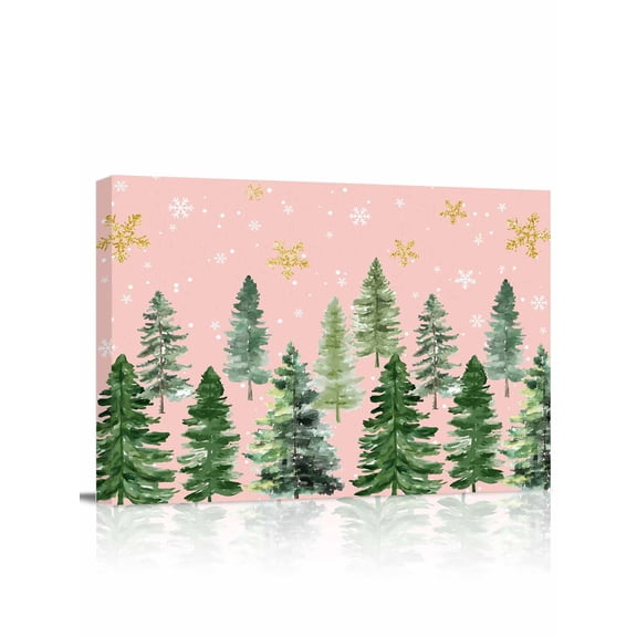 Christmas Tree Canvas Print Wall Art Framed Canvas Art Wall Decor Winter Xmas Pine Tree Forest Snowflakes Pink Pictures Painting Morden Artwork for Living Room Bedroom, Ready to Hang - 12"x16"