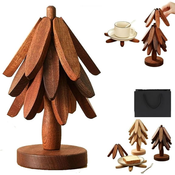 Natural Wood Tree Trivet Set, Natural Tree Trivet Set - 4 Wooden trivets, 4 Wooden Trivets & 1 Stand Like a Christmas Tree, for Hot Dish, Pot, Bowl, Teapot, Hot Pot Set (Dark Brown, 3Pcs)