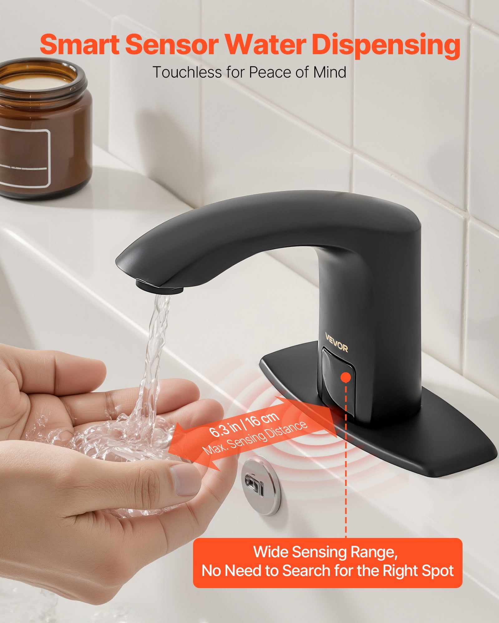 VEVOR Touchless Bathroom Sink Faucet, Automatic Motion Sensor Restroom Toilet Faucet with Hole Cover Plate, Battery Operated,Adjustable Temperature for 9/16 in Pipe Commercial Lavatory,Matte Black