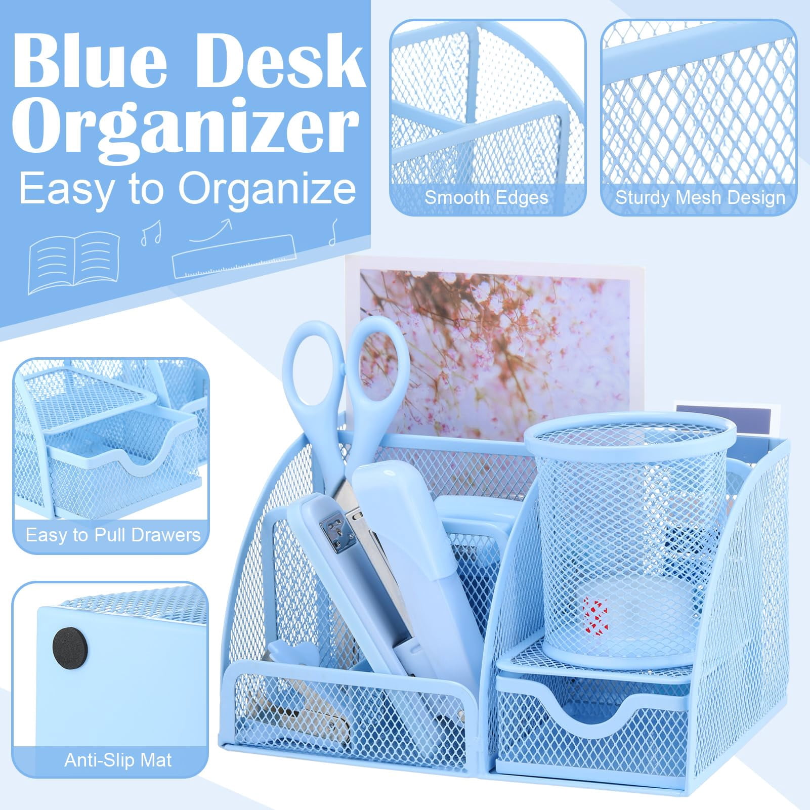 11 In 1 Blue Desk Organizer And Accessories  Light Office Supplies Include Stapler Tape Dispenser Pen Holder Staple Remover Clips Ruler Tapes Tabs