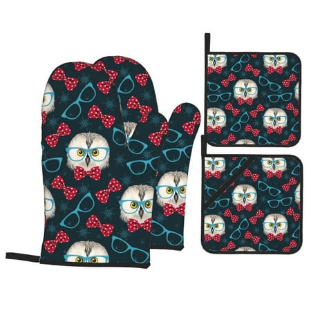 

Oven Mitts and Pot Holders 4 pcs Set Red Bow Blue Glasses Owl Heat Resistant Silicone Oven Mitts Pot Holders for Kitchen Baking Cooking Non-Slip Oven Gloves Hot Pads Potholders