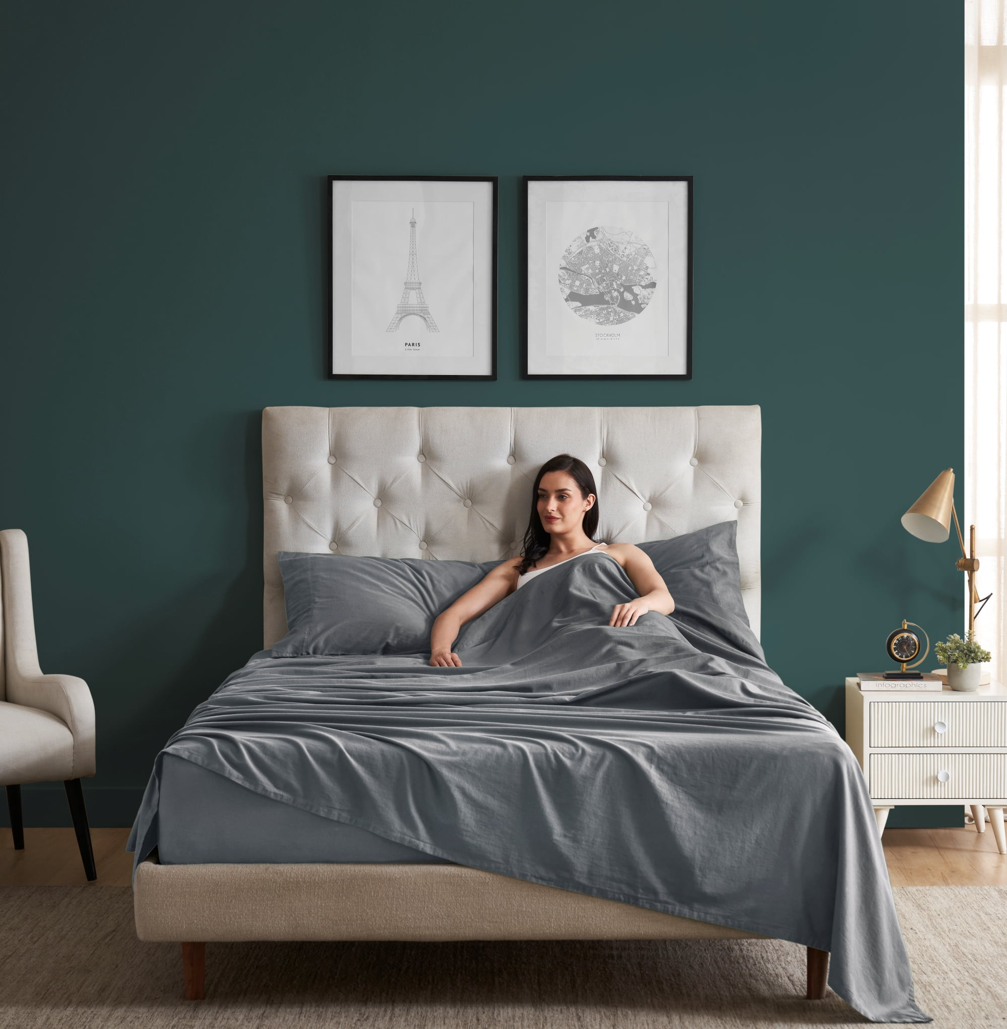 Mainstays 100% Cotton Dreamy Soft 4-Piece Bed Sheet Set, 220 Thread Count Brushed and Washed Sateen, Deep Pocket, King, Soothing Grey