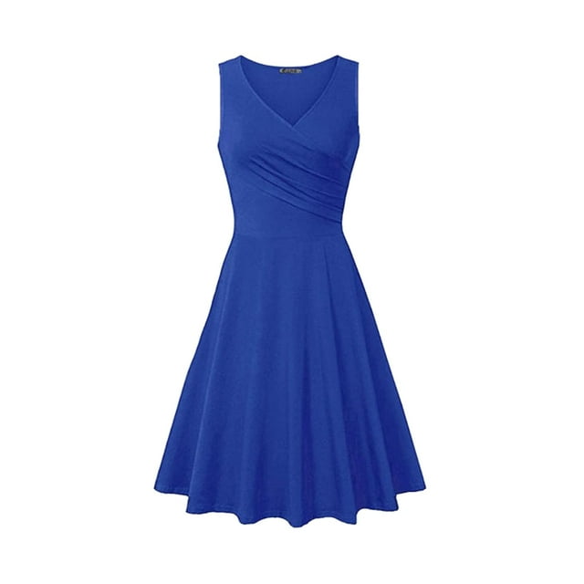 WTXUE Robes Chemises, Robes Chemises Sans Manches pour Thé à Col en V, Robe Décontractée pour Femmes Robe T-Shirt Ajustée Robe Évasée Robe Unie Froncée Robe Unie Mi-Longue pour Femmes, Bleu Taille TG