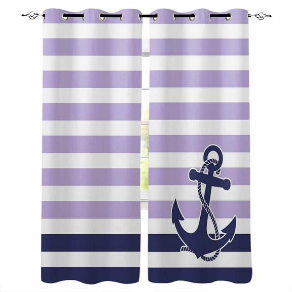 Fsddascl Anchor Purple Blackout Curtains for Bedroom/Living Room, Thermal Insulated Kitchen Curtains, Modern Navy Blue White Striped Nautical Grommet Darkening Window Treatment Drapes 52"x72"x2