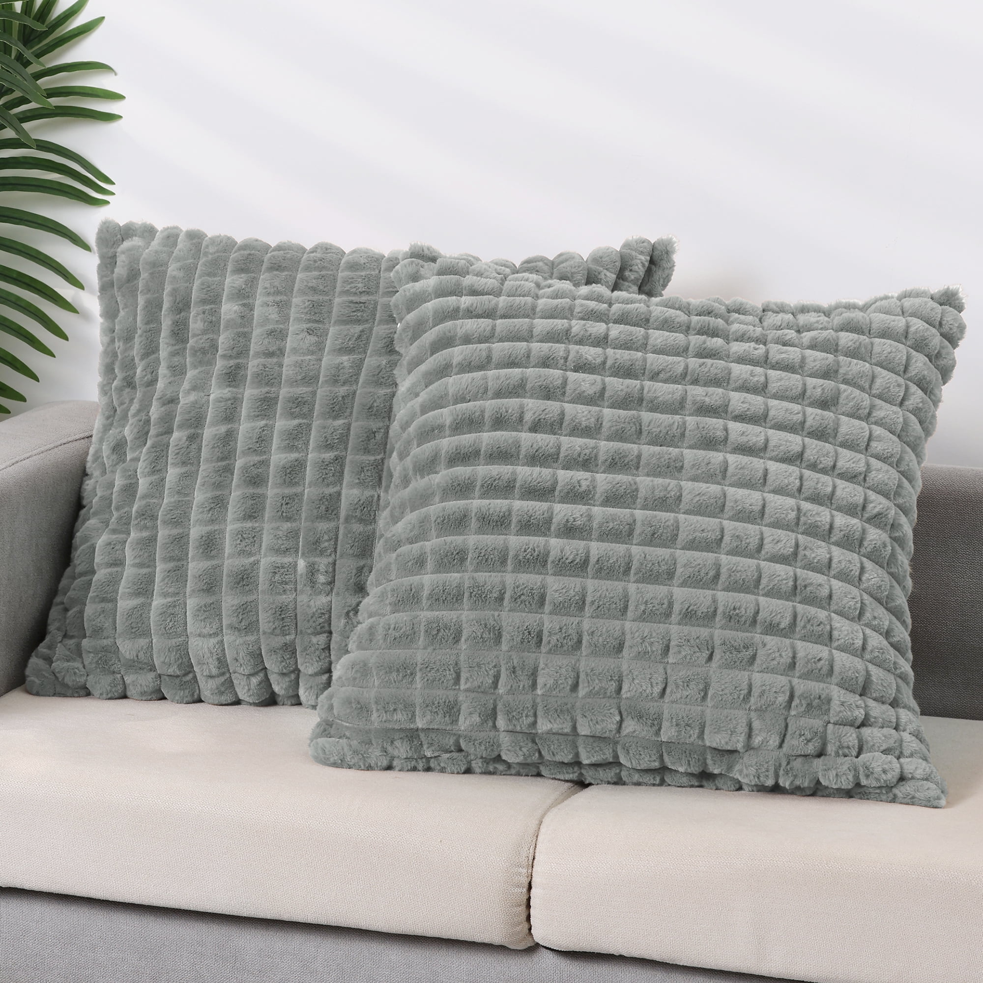 Unique Bargains 4 Pcs Checkered Faux Fur Plush Throw Pillow Covers Home Decor Pillowcases Grey/Brown 20" x 20"