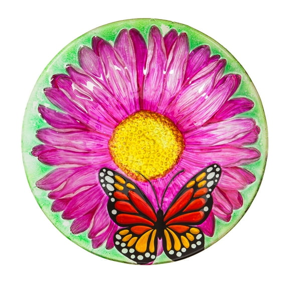 18" Solar Hand Painted Embossed Glass Bird Bath with Stand, Butterfly