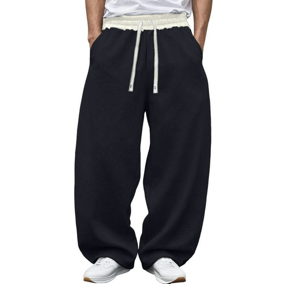 XIAONU Men's Baggy Sweatpants Contrast Waistband High Waist Full Length Pants Soft Loose Streetwear Casual Pants