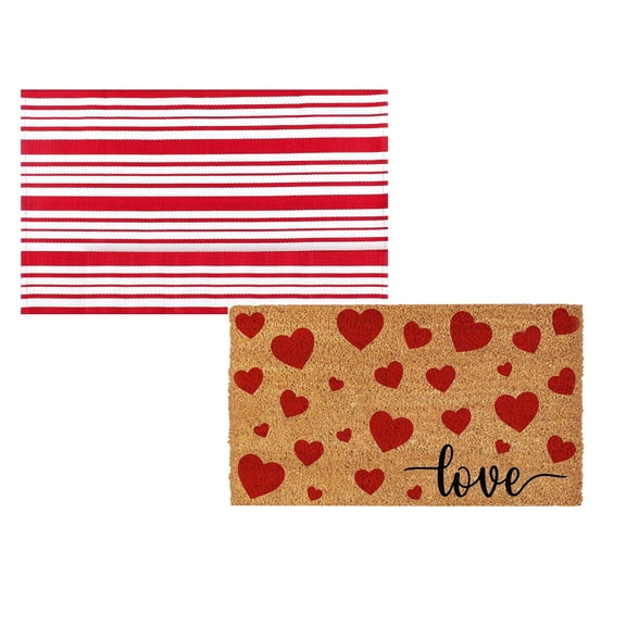 Area Rugs,1 Pcs Valentine's Day Coir Welcome Doormat Outdoor Valentine's Day Love Heart Rug Layered Red And White Stripe Mat Mat For Front Porch Outdoor Entryway