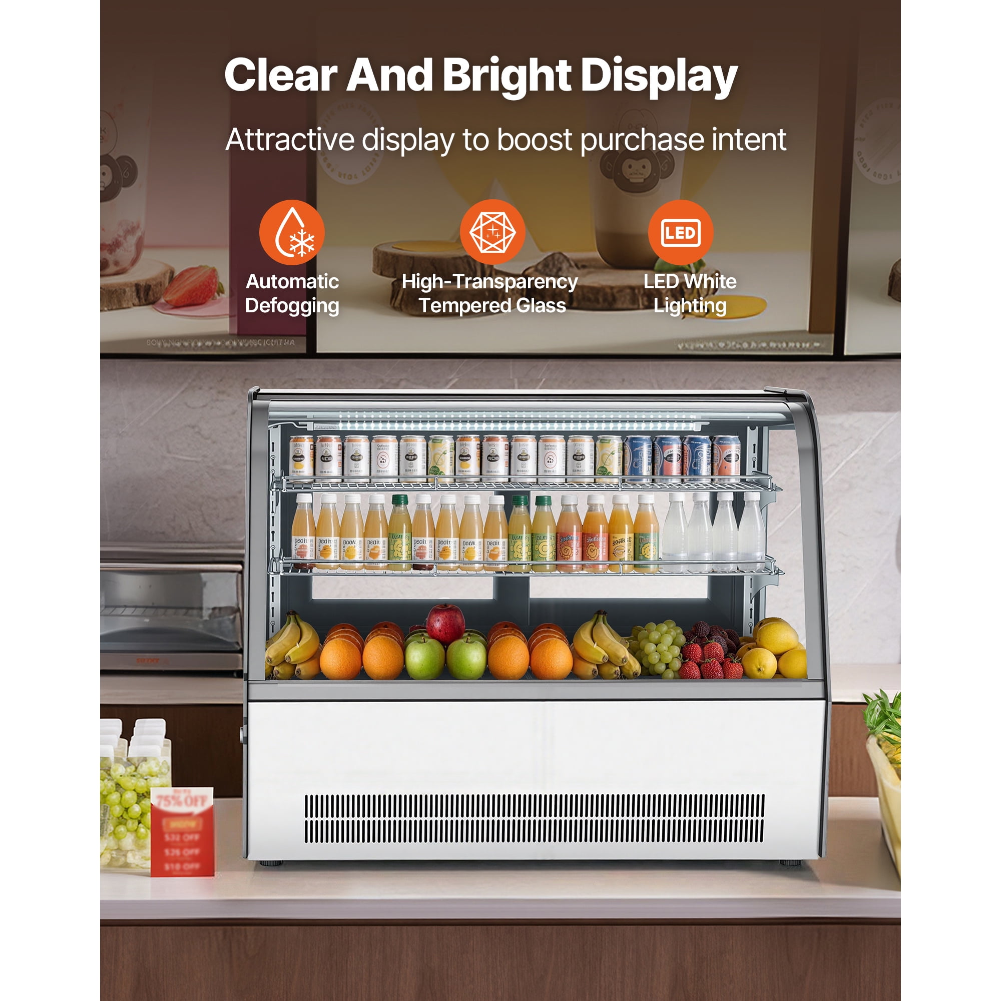 KFFKFF Refrigerated Countertop Display Case, 5 Cu.Ft./145L Capacity, 2-Tier Commercial Pastry Refrigerator with LED Lighting, Efficient Cooling System, Frost-Free Air Circulation, Ideal for Bakeries