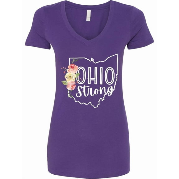 Inktastic Ohio Strong with State Silhouette and Pink Flowers Women's V-Neck T-Shirt