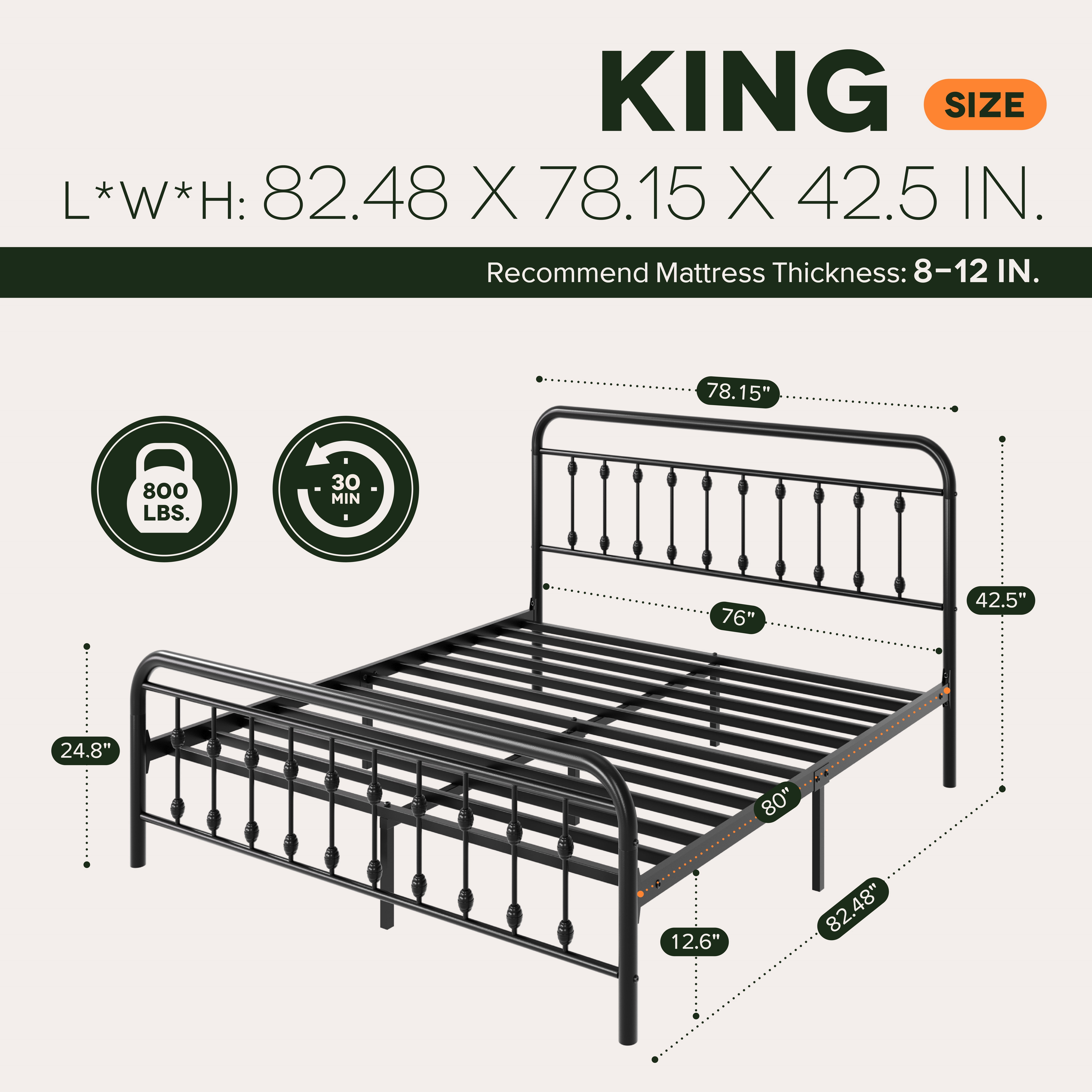 Einfach King Bed Frame, Metal Platform Bed with Vintage Headboard, No Box Spring Needed, Heavy Duty, Black