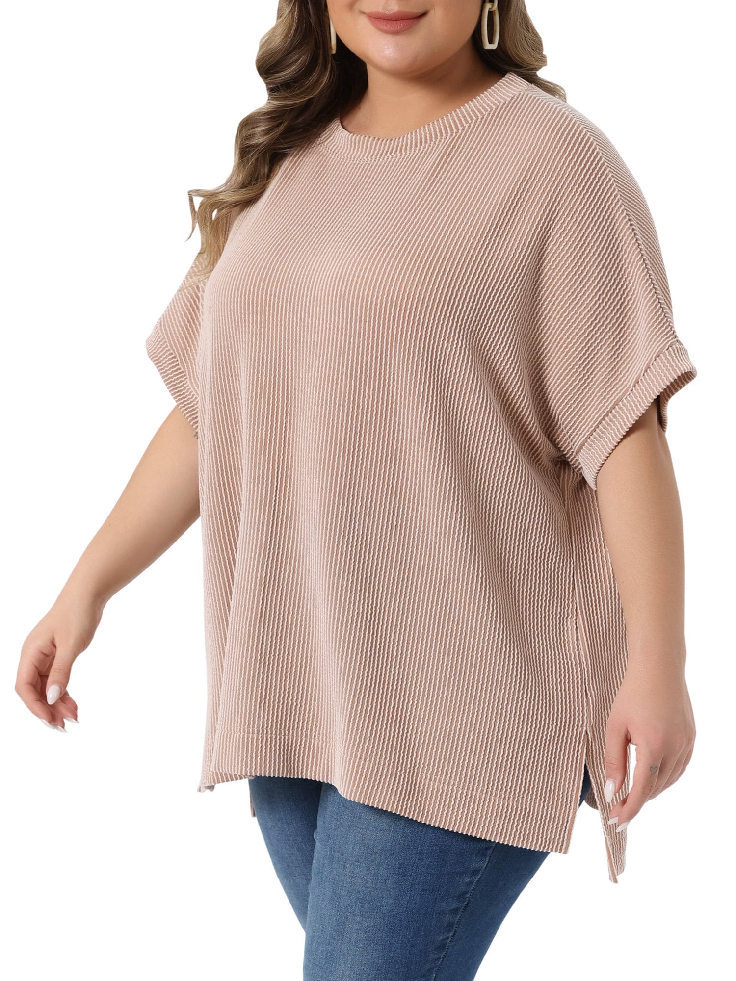 DARING DIVA Women's Plus Crew Neck Loose Fit Striped Summer Blouse 1X Khaki