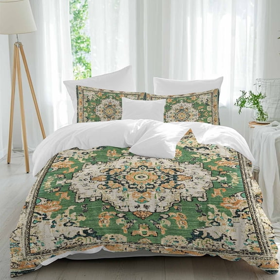 3 Piece Green Boho Duvet Cover Set Queen Size, Microfiber Comforter/Quilt Cover with Corner Ties and 2 Pillowcases, Farmhouse Tribal Vintage Tribal Texture All Season Soft Bedding with Zipper Closure