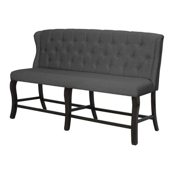 Cappuccino Wood Counterheight Dining Bench Upholstered with Gray Linen Fabric