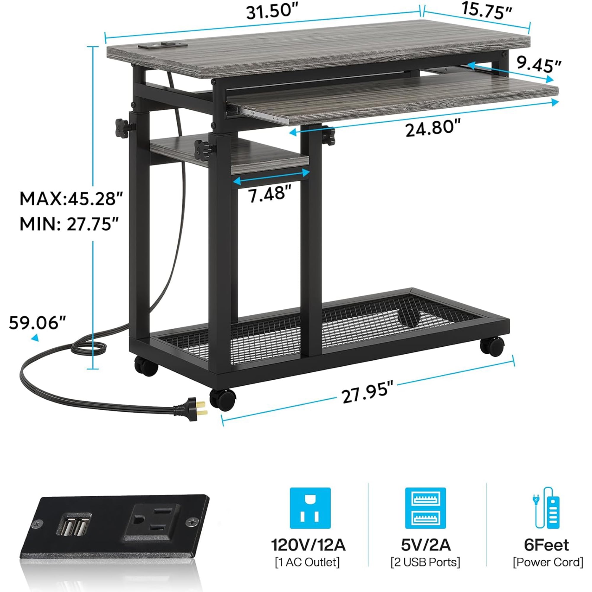KIOOTTO Height Adjustable C-Shaped Mobile Desk with Power Outlet, USB Ports, Keyboard Tray and Wheels, Grey