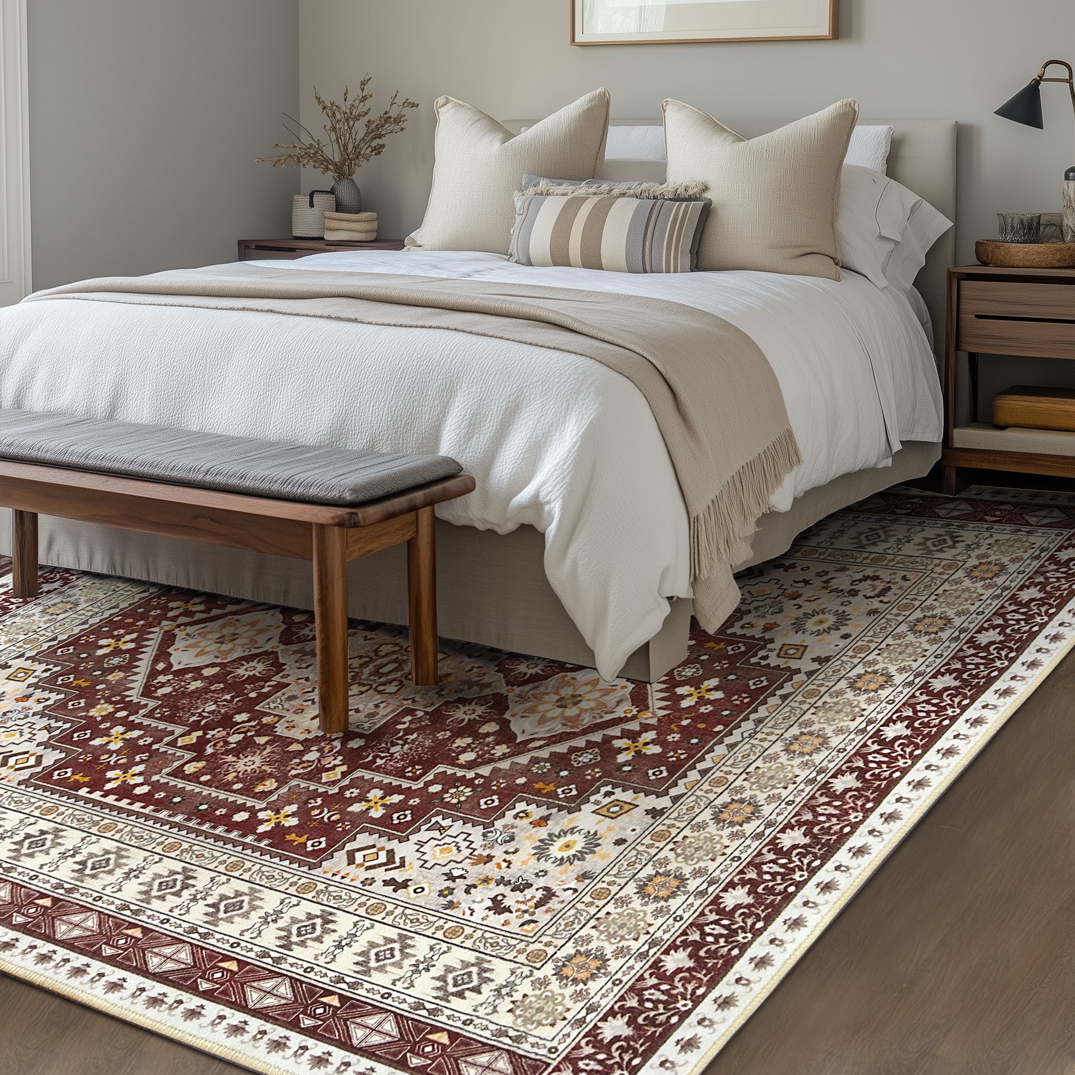 ARJINCUTE Vintage Distressed Bohemian Brown Area Rug 6' x 9' Non-Slip Washable Low Pile Floor Mat for Living Room Dining Room Bedroom