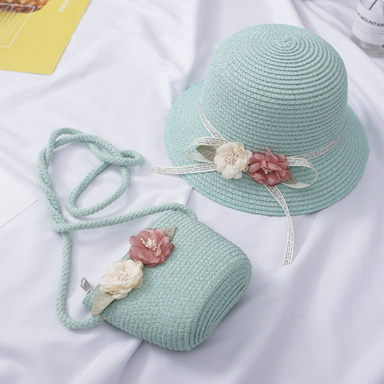 xiuh girls 2-7 age straw hat tourism sun hat flower children sun hat and  bag set fashion hats 2023 mint green