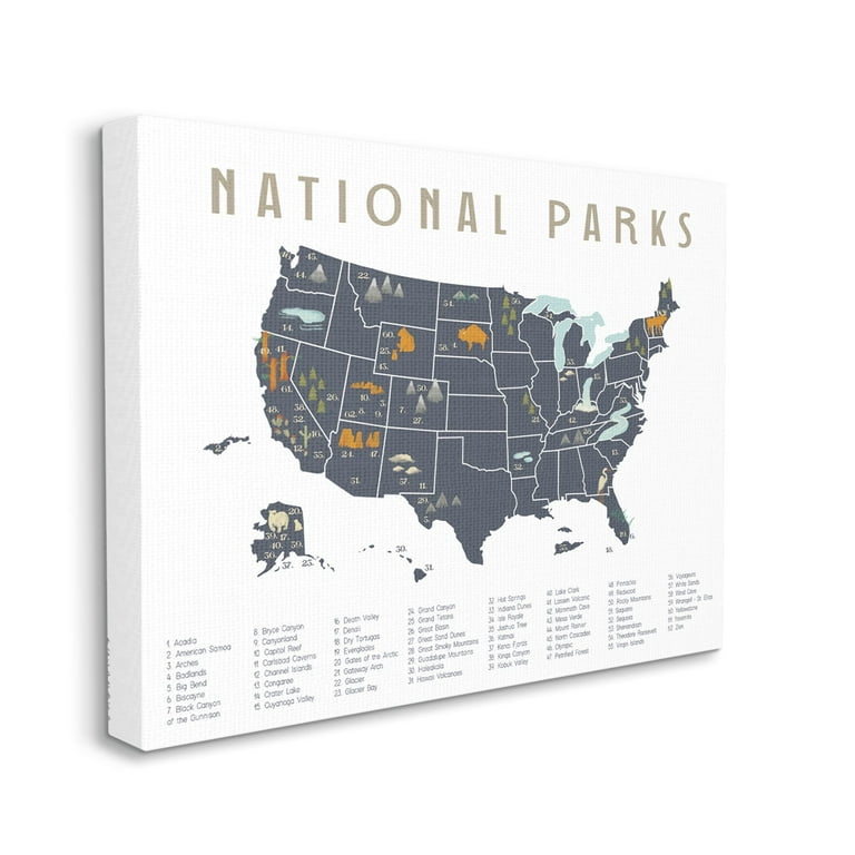 National Parks Map Canvas Wall Art – 16x20 Inches, Green Design, Stretched Canvas, Ready To Hang