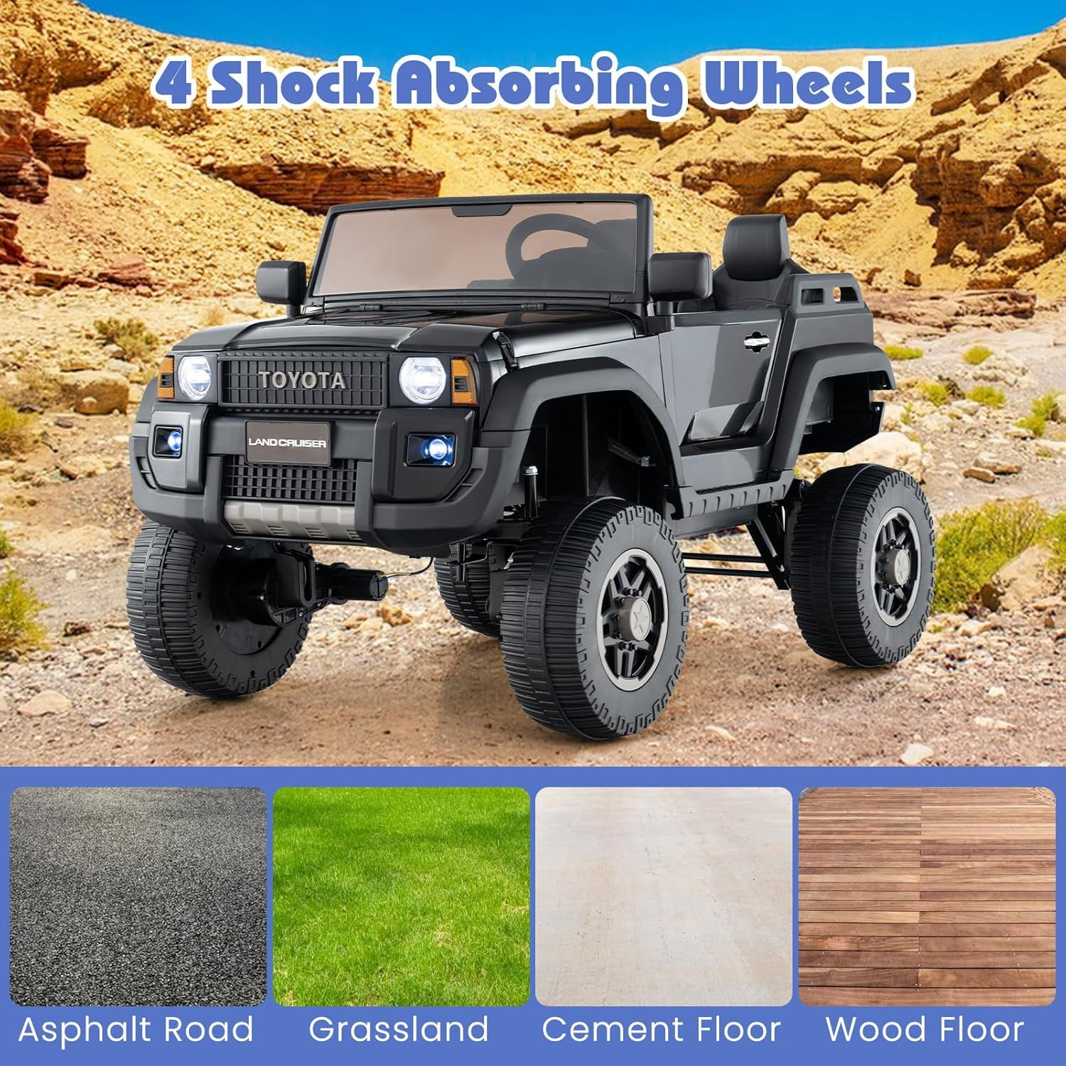 Licensed Toyota LC250 24V 2 Seater Ride on Truck by OLAKIDS, 2WD/4WD Battery Powered Vehicle with Remote Control, 3 Speeds, Music, Lights, Kids Electric Car for 3+ Boys Girls