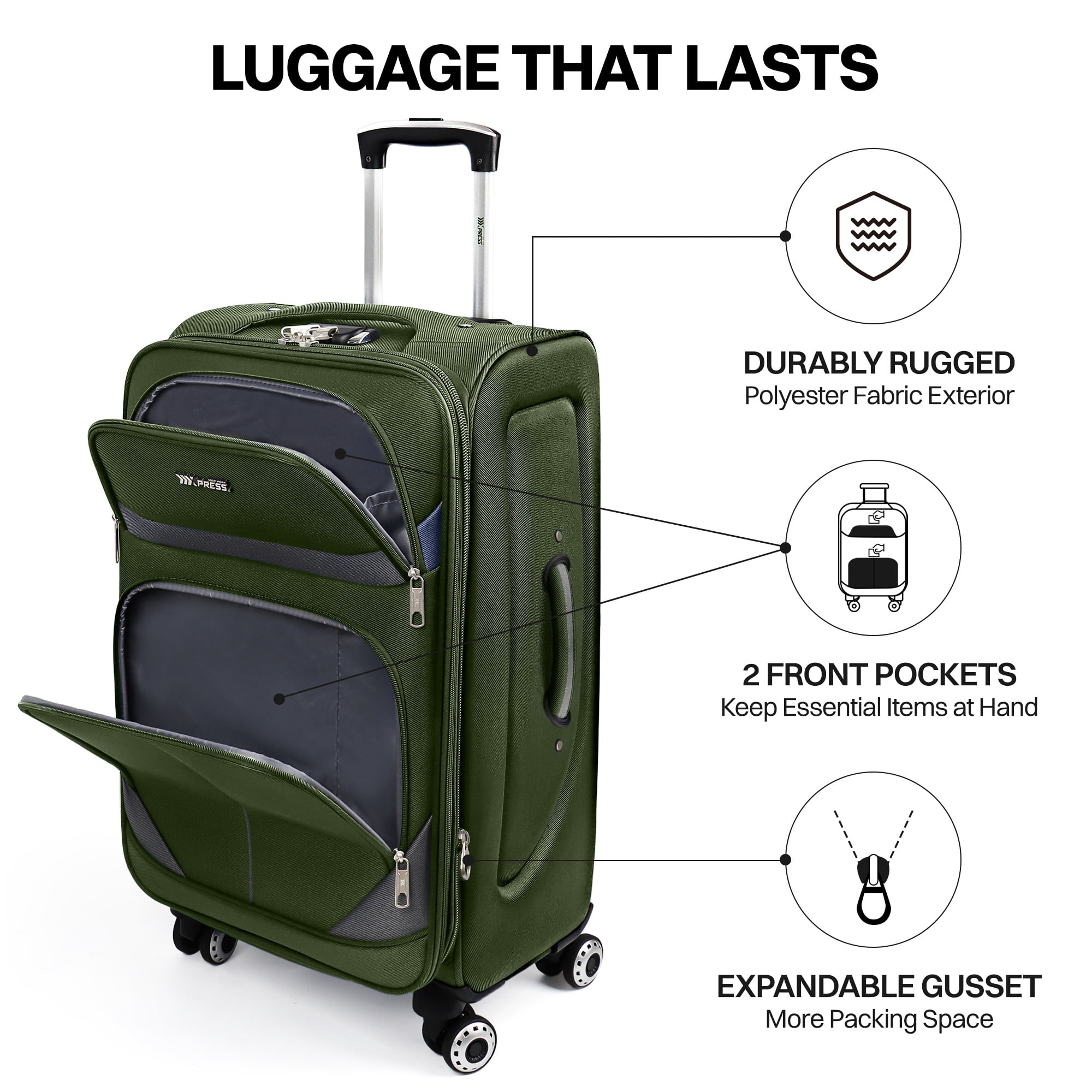 New York Xpress 2-Piece Softside Luggage Set Lightweight Expandable Spinner Suitcase, 20" Carry-on & 28" Checked, Green/Grey, WD8815