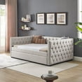 thumbnail image 2 of Full Size Daybed with Trundle,Upholstered Fabric Button Tufted Wood Bed Frame/Sofa Bed with Roll-Out Trundle and Copper Nailed Square Arms,for Bedroom Living Room Guest Room,Mattress Not Included, 2 of 7