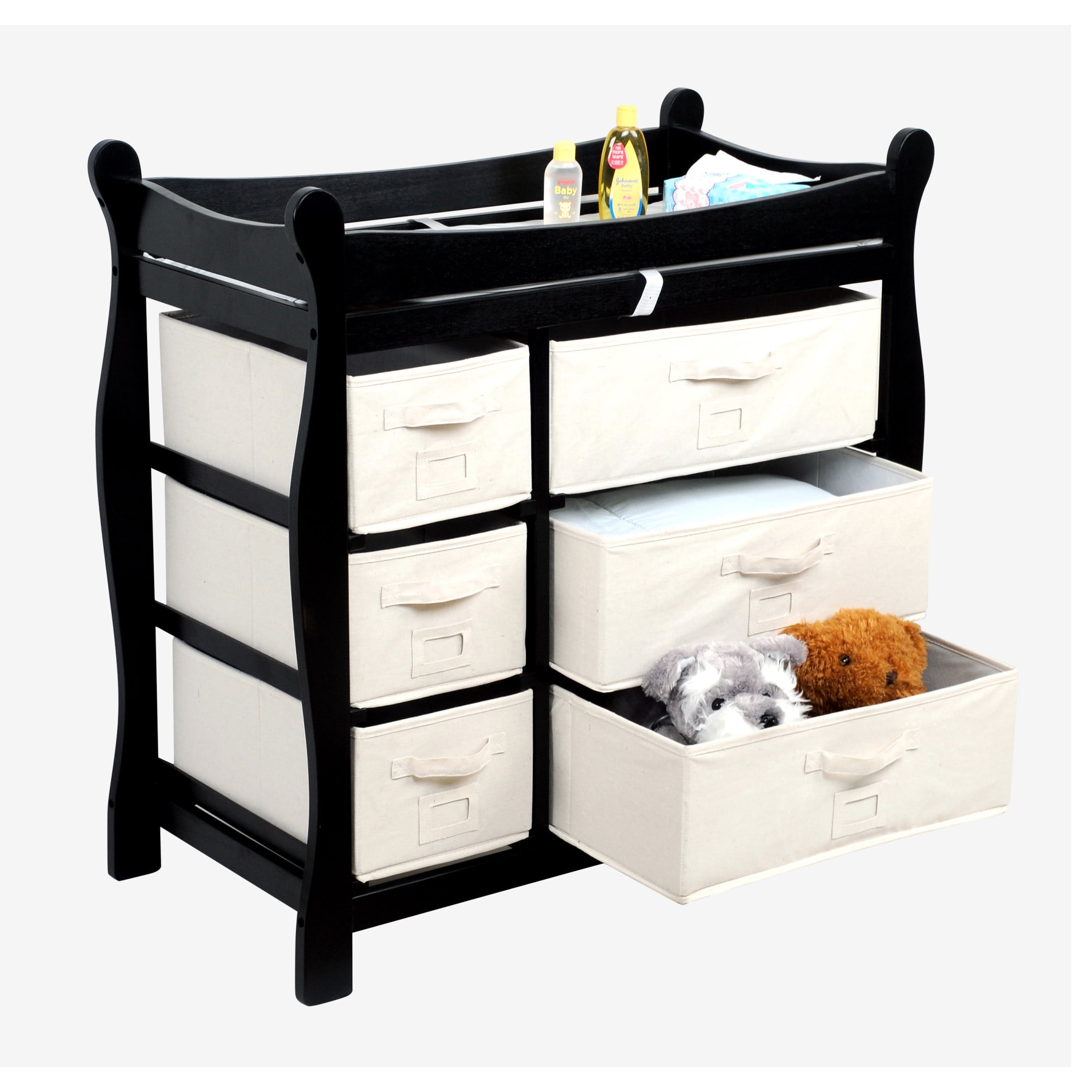 Badger Basket Sleigh Style Baby Wood Changing Table with 6 Baskets