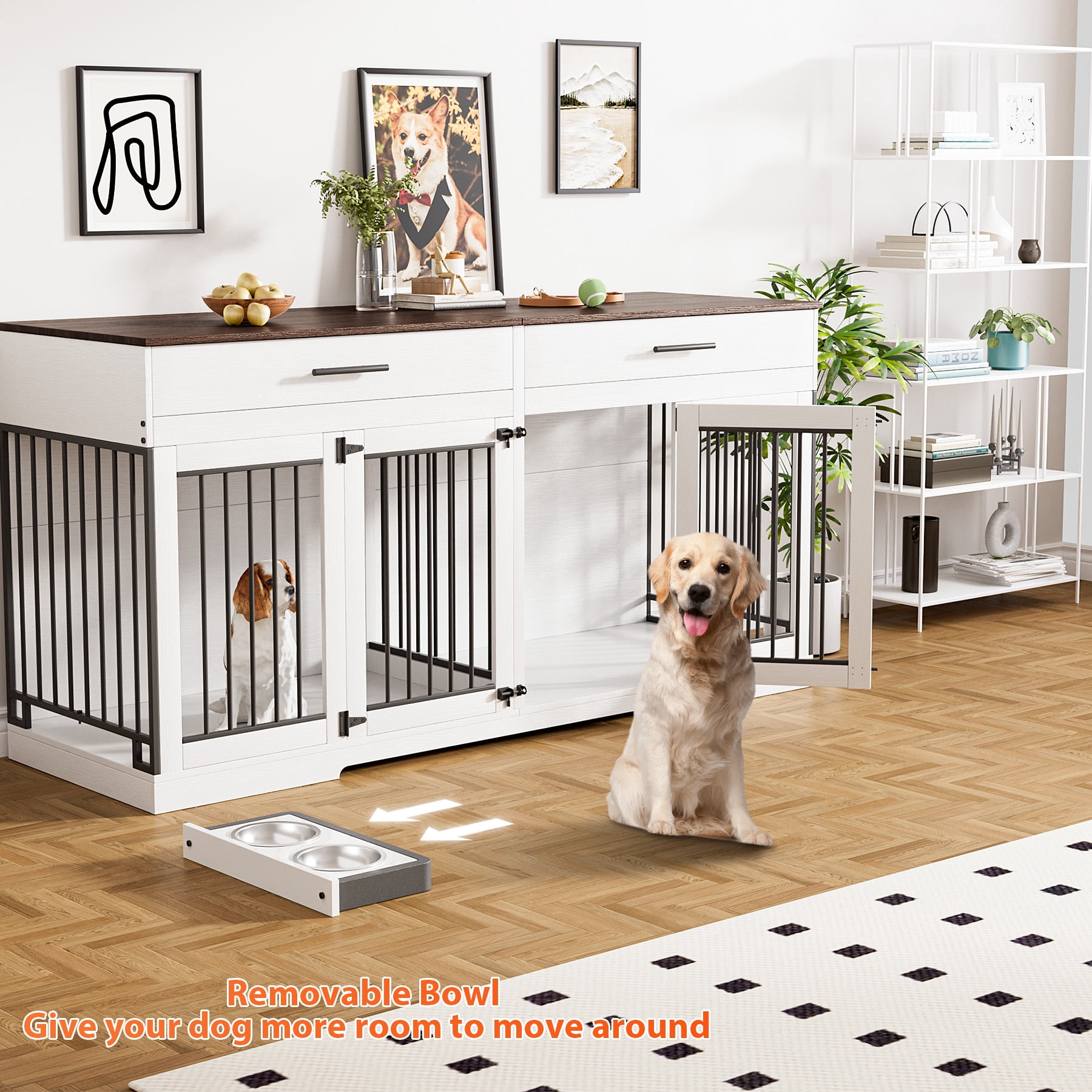 Rophefx 72" Dog Crate Furniture for 2 Dogs,Large Kennel with 2 Drawers and 4 Bowls,Wooden Heavy Duty Indoor Dog House,White