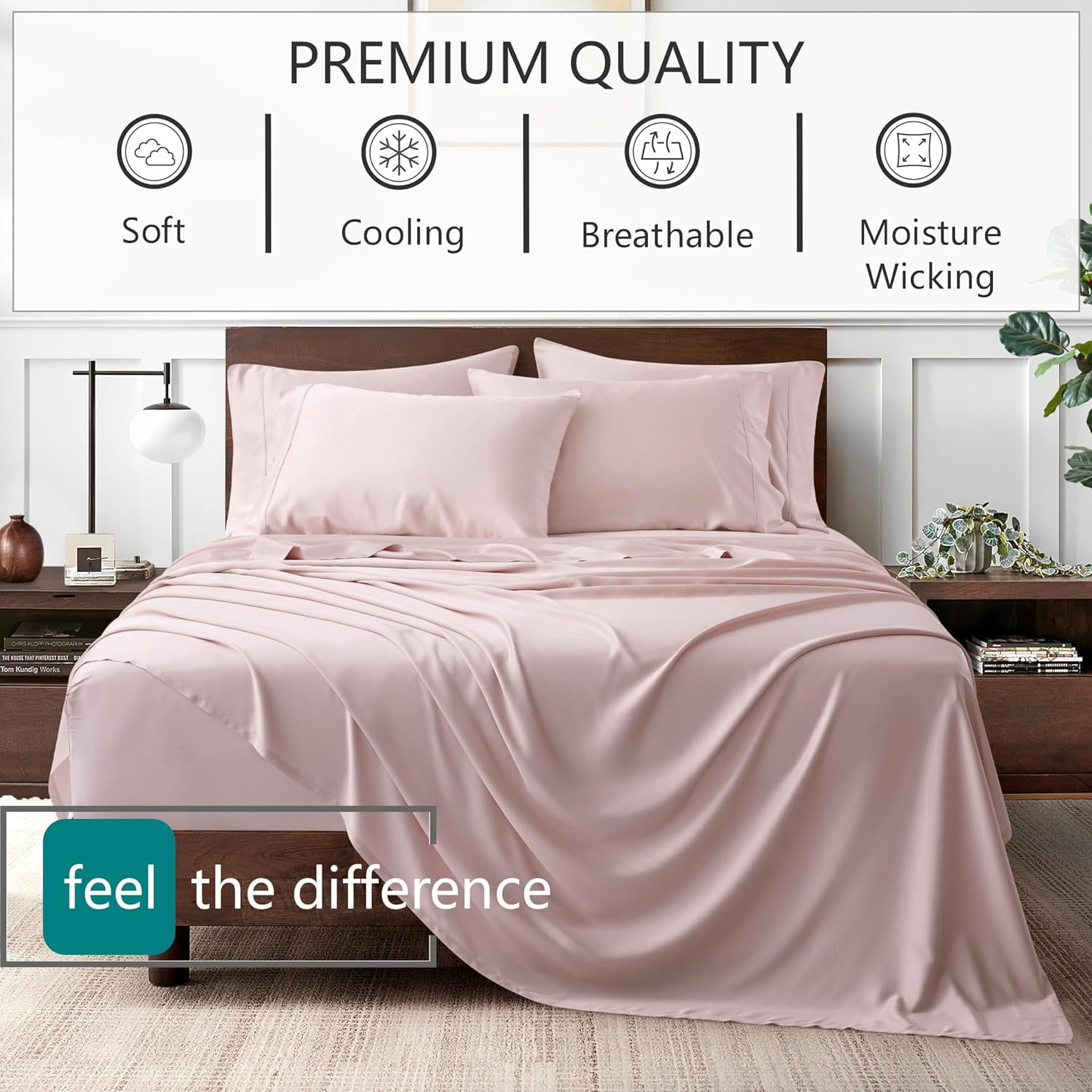 American Home Collection Bamboo Viscose Sheet Set - Silky Soft, Cooling for Hot Sleepers - 18 Inches Deep Pocket - Premium Sateen Finish - Queen, Pink