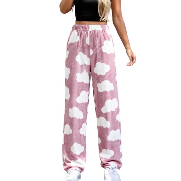 Bibifish Womens Pajama Pants Fleece Plush Pink Cloud Print Loose Fit Cozy Night Sleep Pants With Pockets