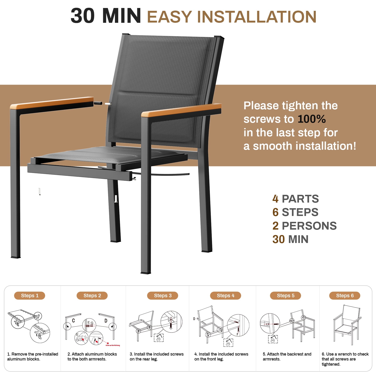 LIFERUN Patio Chairs Set of 4, Stackable Aluminum Outdoor Chair with Quilted Textilene & WPC Handrail, 17" Seat Height, All Weather Chair for Patio, Balcony, Poolside & Restaurants, Black