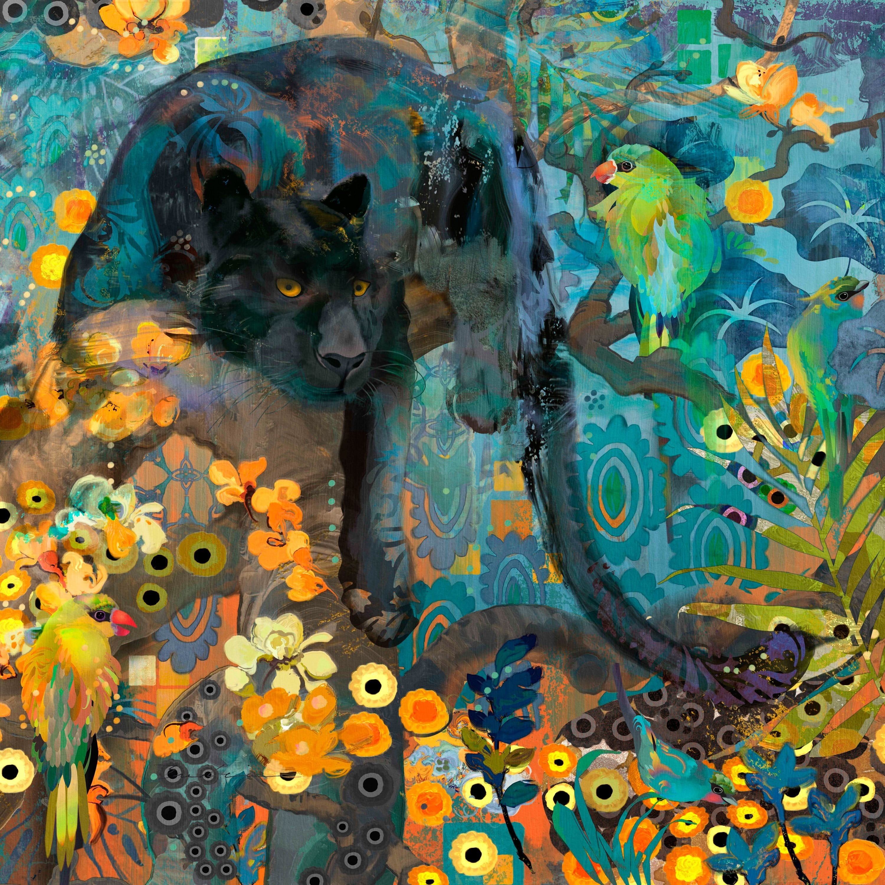 "Jaguar and Green Parrots" Painting Print on Wrapped Canvas