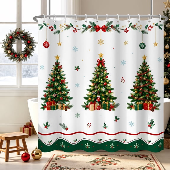 Duangreer Christmas Theme Waterproof Fabric Shower Curtain, Xmas Tree Branches and Colorful Ball Decors for Bathroom, 72x72 Inches with Hooks