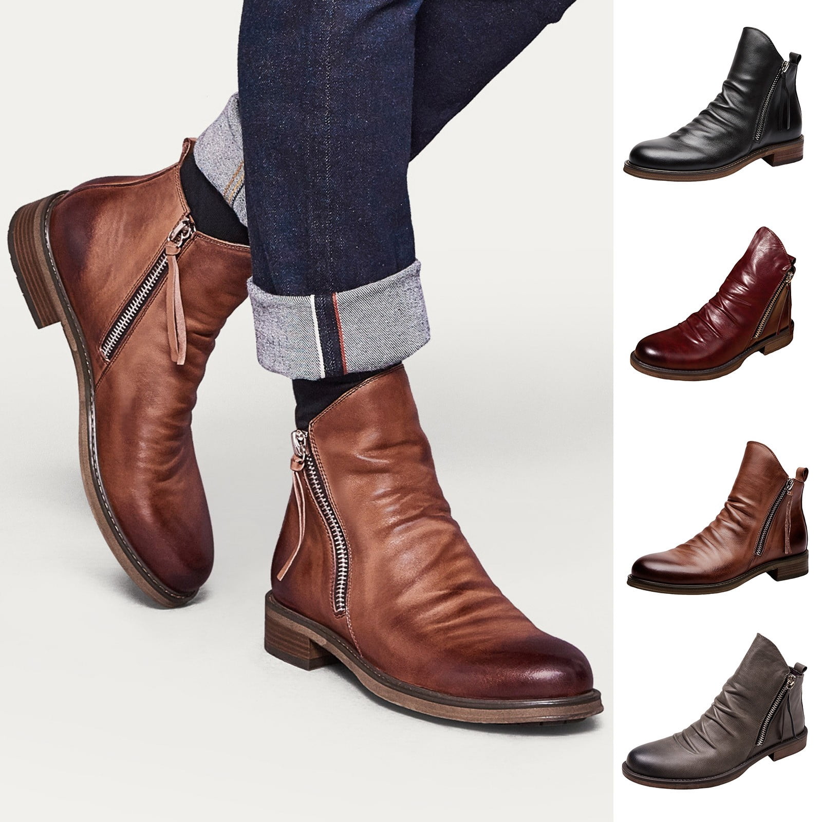Oyedens Mens Slouchy Boots Vintage Casual Leather Zipper Office Work Oxfords Ankle Booties for Men Fall