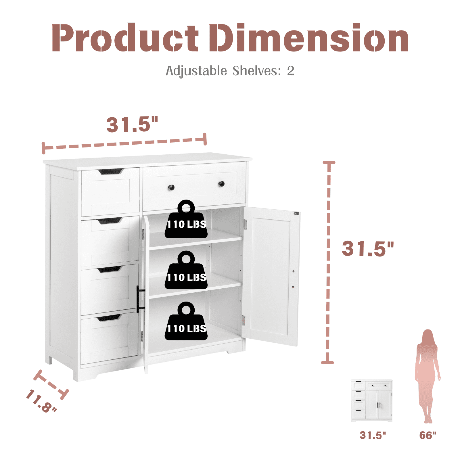 Ktaxon Wooden Bathroom Floor Cabinet with 5 Drawers & 1 Cupboard, for Living Room Entryway, White
