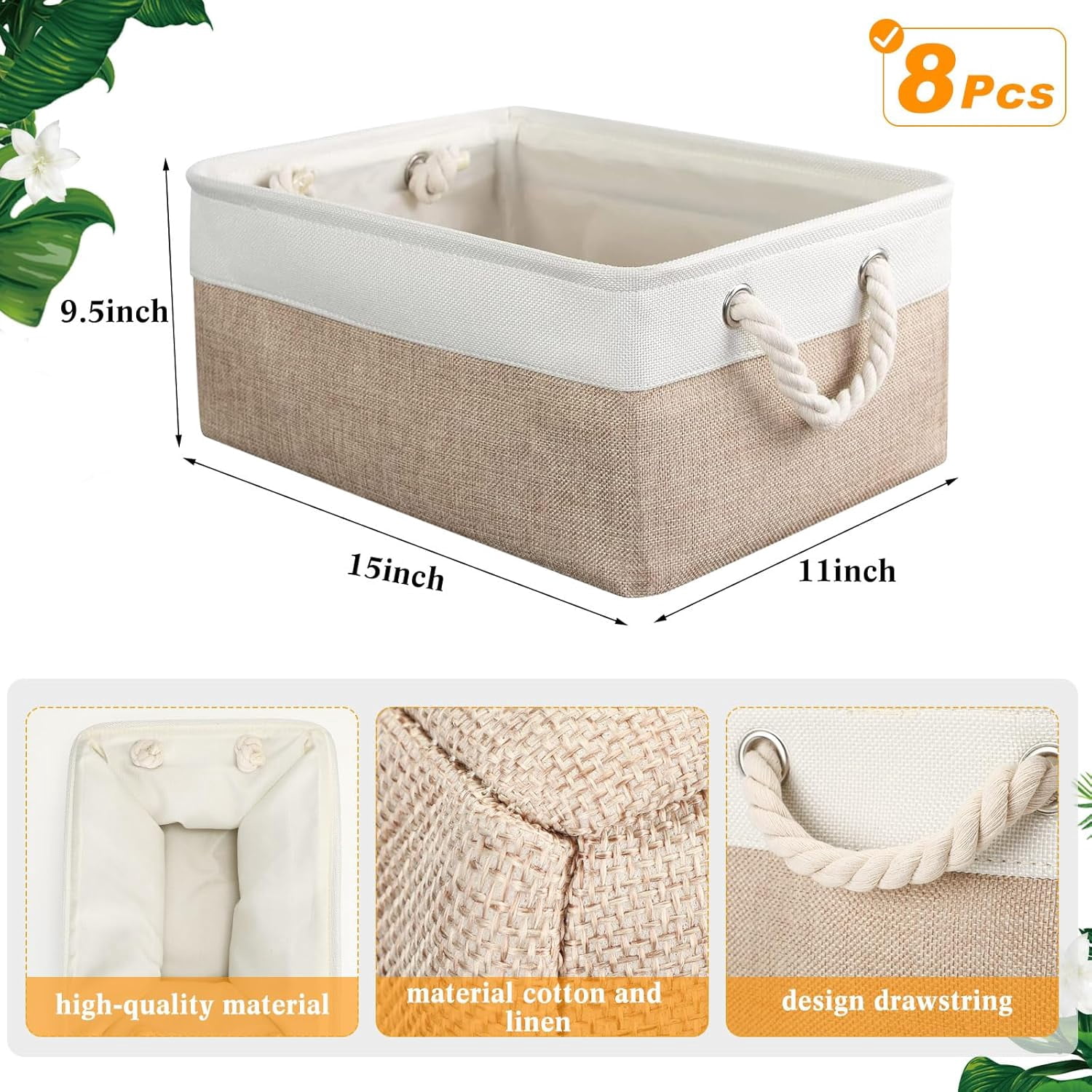 8 Pack Collapsible Storage Bins Fabric Storage Bins Polyester Fabric Storage Baskets with Handles Linen Closet Organizer for Shelf Home Closet Towels Toys (Beige,15 x 11 x 9.5 In)