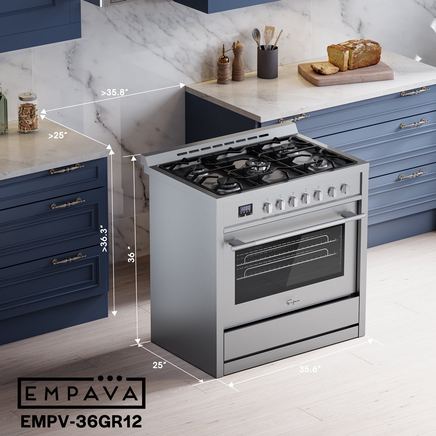 Empava 36-inch 4.3 cu. ft Slide-In Freestanding Single Oven Gas Range with 5 Sealed Burner Cooktop in Stainless Steel