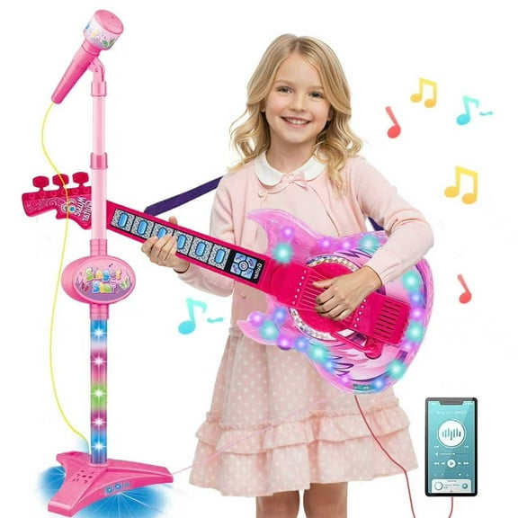 LINXUXIE Guitar and Microphone Play Set for Toddler, Adjustable Height Guitar Toys,Karaoke Machine Gift for Boys & Girls