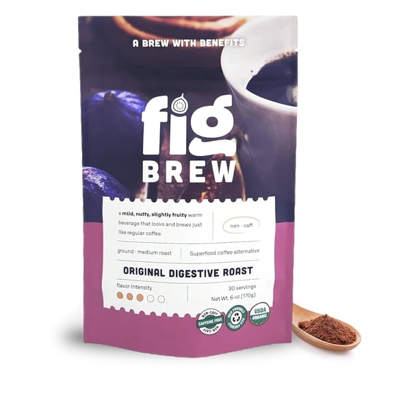 FigBrew Coffee Alternative, Original Digestive Roast, Adaptogen-free, Caffeine-free, Ground, Medium Roast, 6-oz, 30 servings, 100% pure fig, USDA Organic, Made in USA