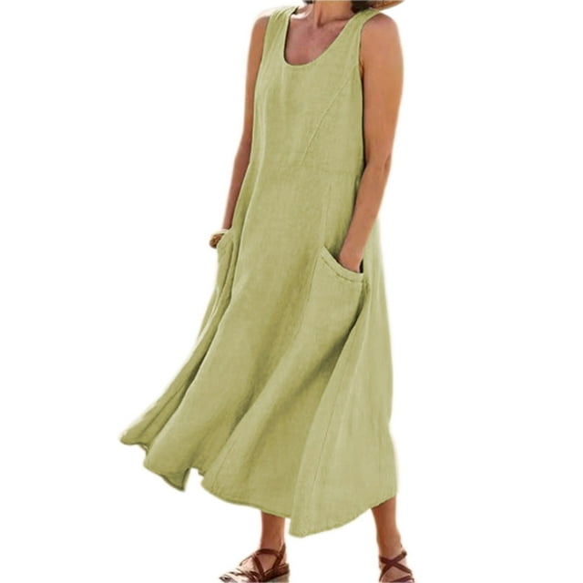 Bellella Robe Longue d'Été Sans Manches pour Femmes, Couleur Unie, Aguichant avec Poches, Vert Fruit, 2TG