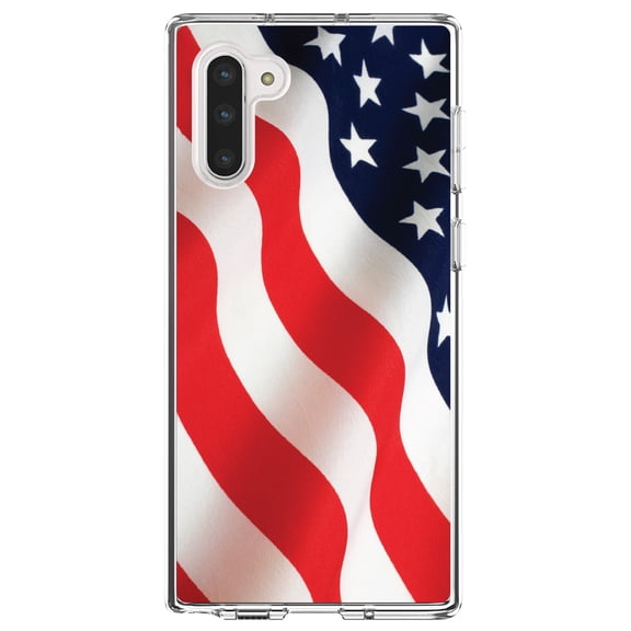 DistinctInk Clear Shockproof Hybrid Case for Samsung Galaxy Note 10 (6.3" Screen) - TPU Bumper, Acrylic Back, Tempered Glass Screen Protector - Red White Blue United States Flag USA - America